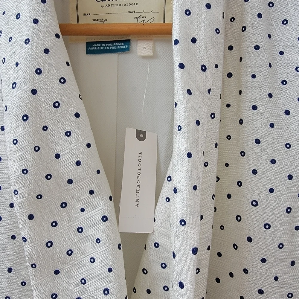 Anthropologie Cartonnier Polka Dot Blazer Size Small White Blue Bolero Jacket